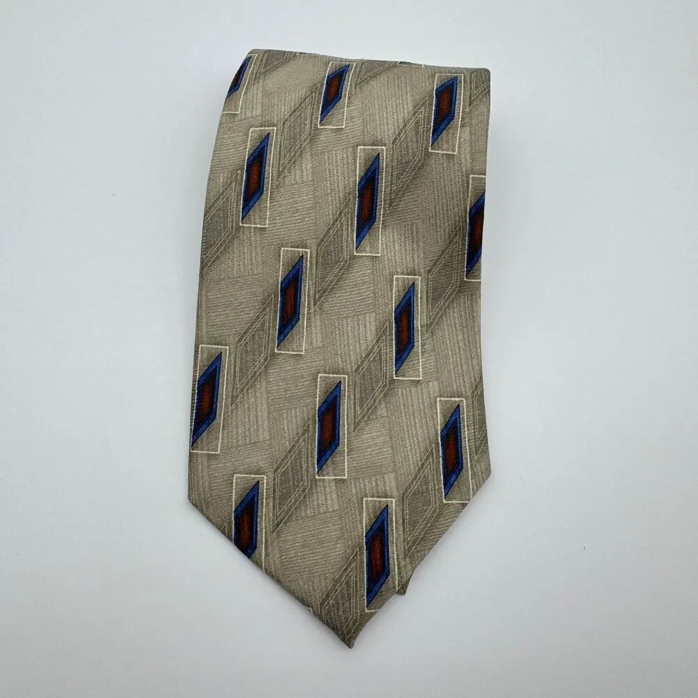 JOS A  BANK Men's Tie Corporate Coll Beige Blue Burgundy Geometric Pattern Silk